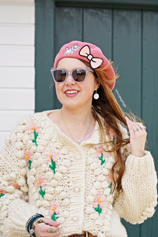 Winnipeg Style, Canadian fashion blog, Chicwish rose floral hand knit vintage chic cardigan, Reitmans chinos, BoxLunch Disney Aristocats Marie beret